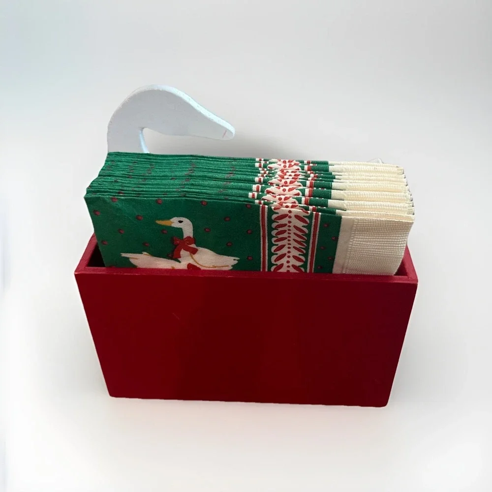 Vintage‎ USA Goose Napkin Holder Christmas Wood Holiday Decor w Napkins Taiwan